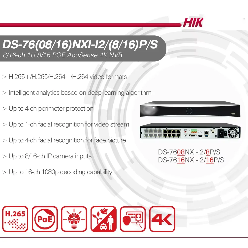 Original Hikvision 4K 8CH 8POE DS-7608NXI-I2/8P/S NVR 16CH 16POE DS-7616NXI-I2/16P/S AcuSense CCTV Surveillance Video Recorder