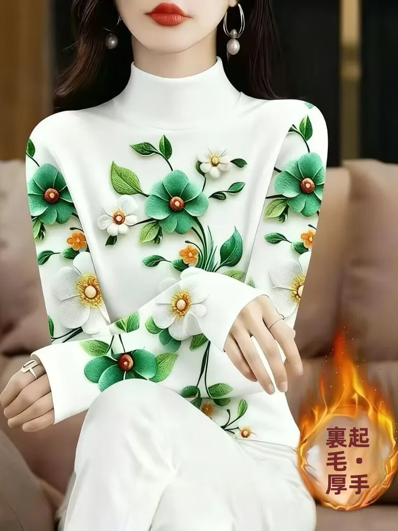 New Autumn Winter Warmth Enhanced Half High Collar T-Shirt Women's Long Sleeve Fashion Print Base Shirt Casual Style Universa...