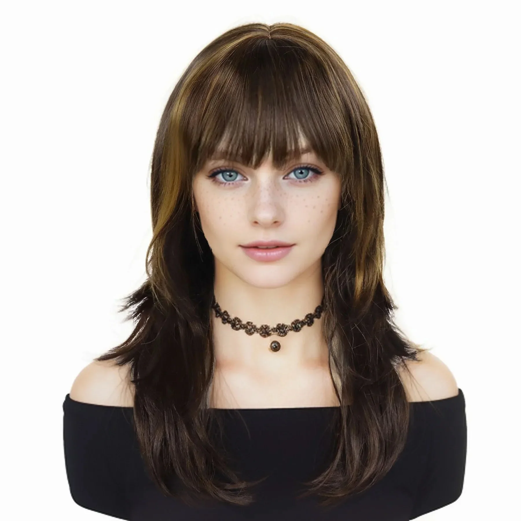 Synthetic Hair Long Brown Wigs for Women Natural Straight Hair Mommy Wig with Bangs Mixed Brown Color Good Clearance Sale Wig