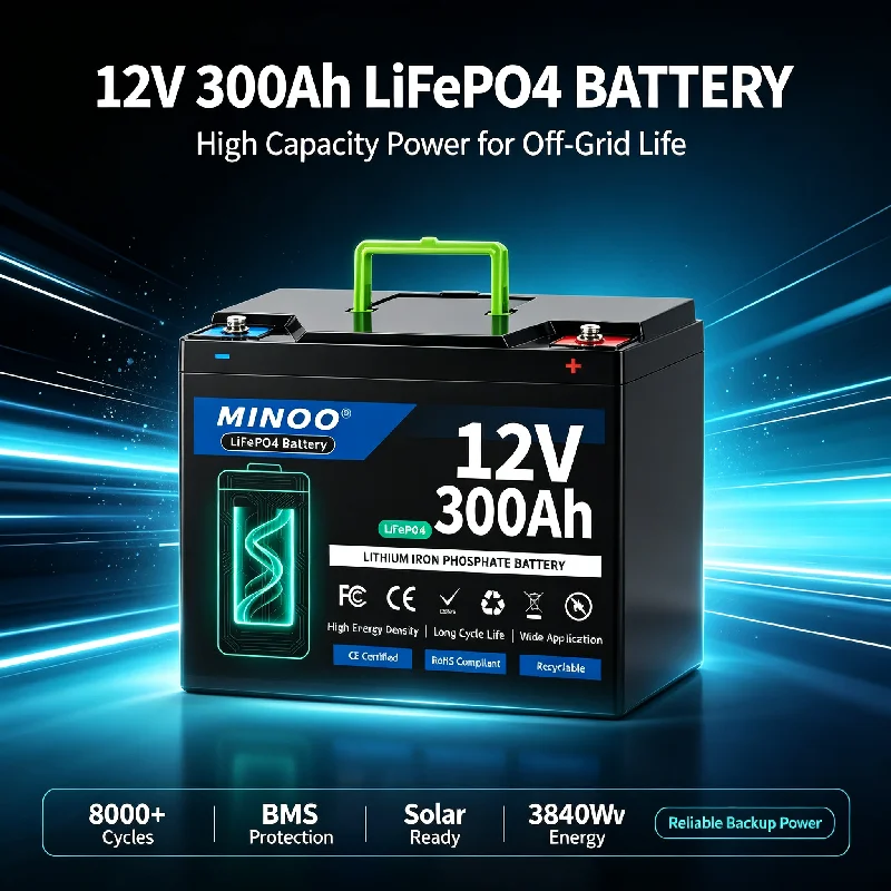 300Ah 12V LiFePO4 Battery Rechargeable Lithium Battery with 300A BMS 6000+ Cycles for RV Camper Solar Boat Backup Power