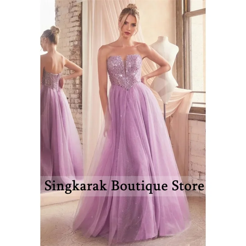 فستان حفلة موسيقية بدون حمالات لامع على شكل حرف a بدون أكمام بطول الأرض من vestidos de noiva برباط من الخلف فساتين سهرة