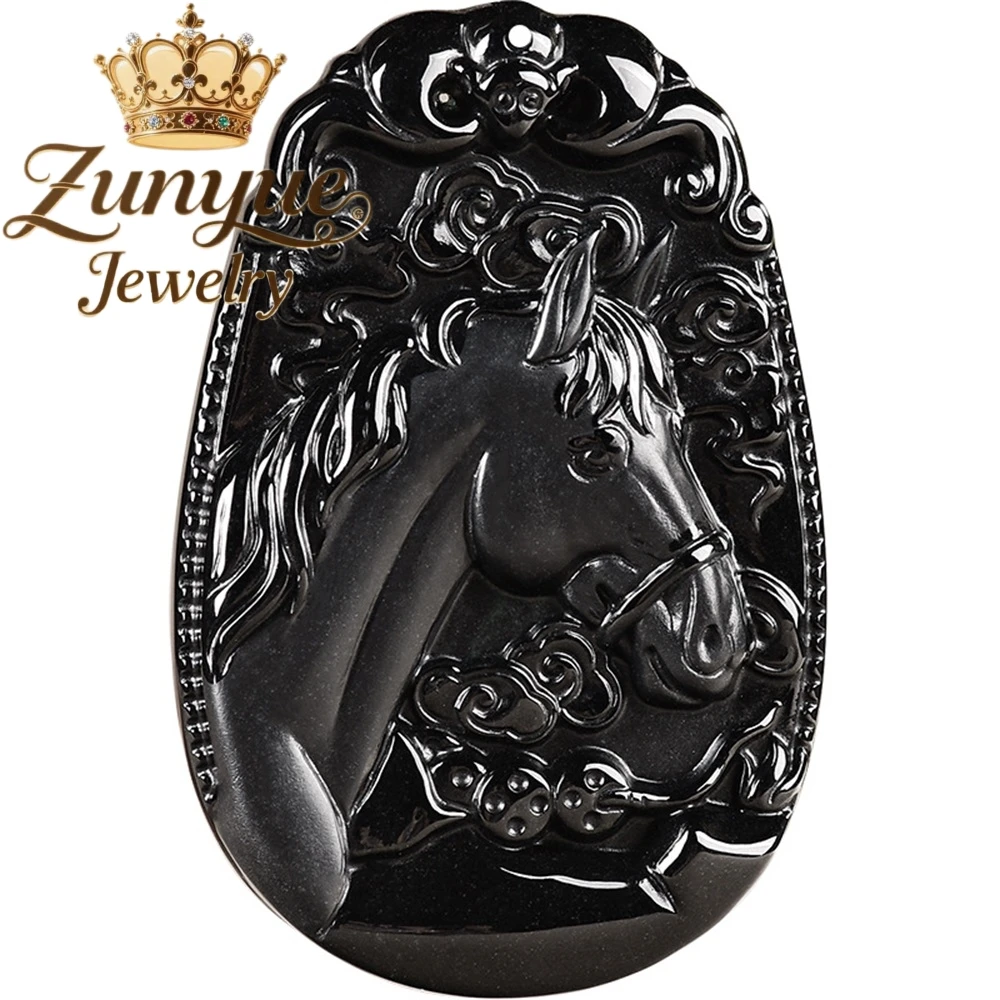 الطبيعية A-الصف الجاديت الأسود اليشم الأكثر مبيعا الحصان الحصول على قلادة غنية نوع الجليد الحرف اليدوية جودة غرامة مجوهرات هدية لصديق
