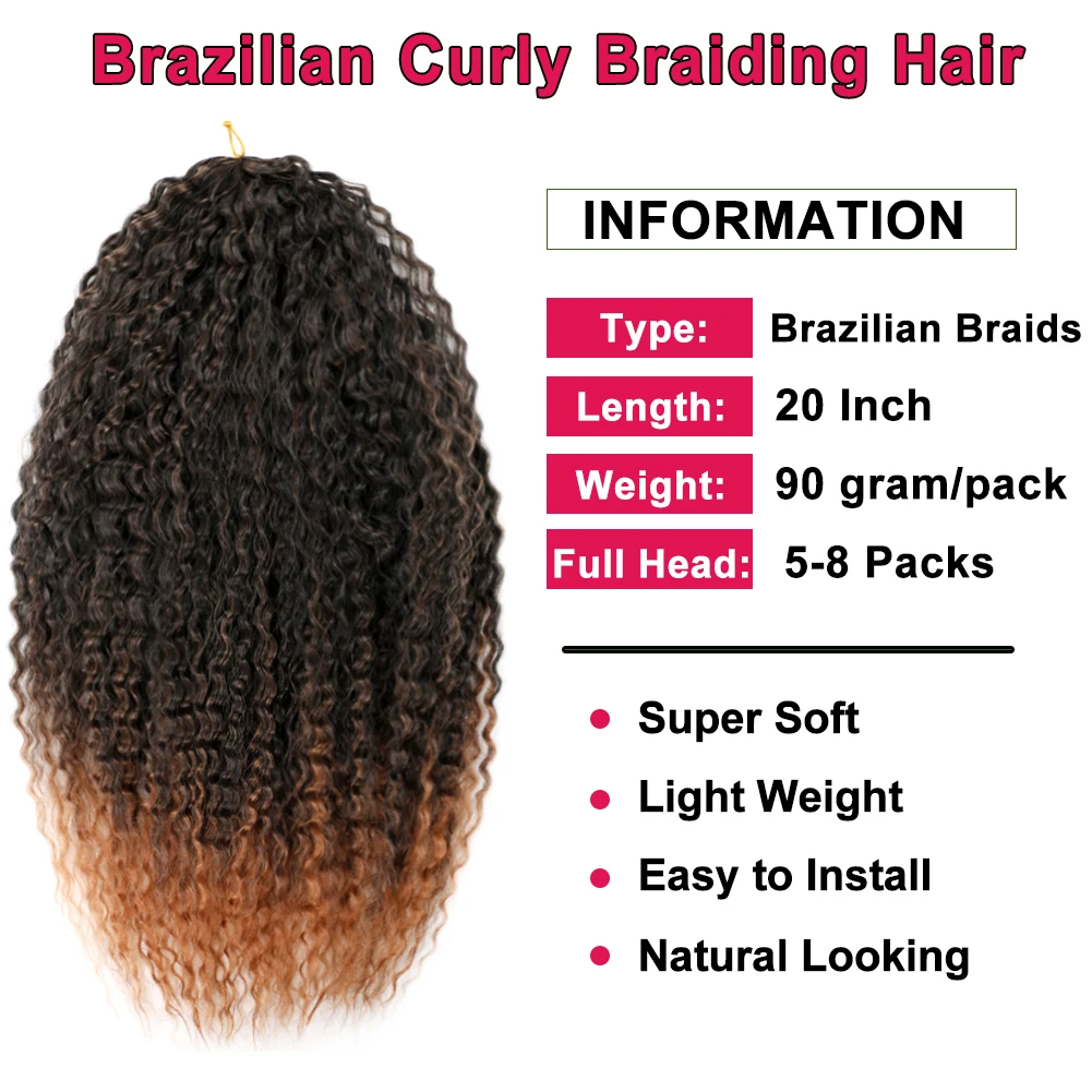 Extensiones de cabello trenzado de ganchillo brasileño de raíces africanas sintéticas, Onda de agua profunda, cabello trenzado de ganchillo sintético, 20 pulgadas