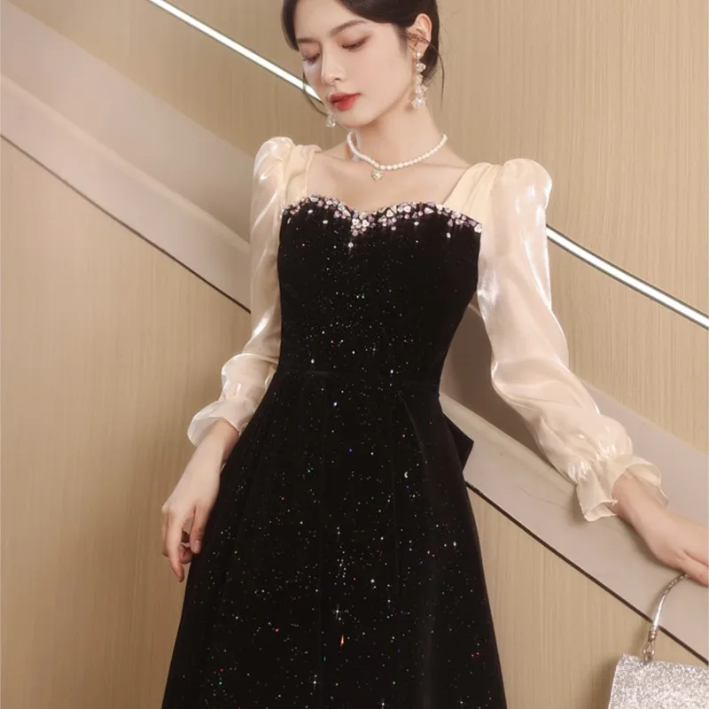 

New banquet light luxury small crowd host black art exam dress