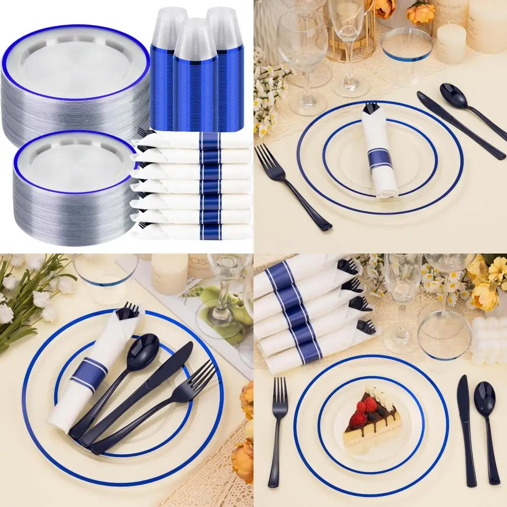 

Набор одноразовых тарелок — 350 прозрачных и синих пластиковых тарелок, чашек, салфеток, столовых приборов для 50 гостей с предварительно скрученными салфетками