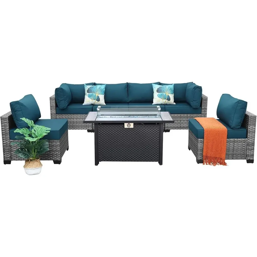 

Peacock Blue 7-Piece Outdoor Wicker Patio Sectional Sofa Set with Fire Pit Table and Cushions