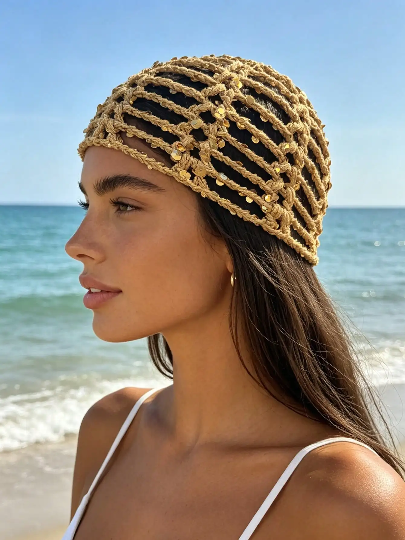 1pc Bohemian Style Solid Color Hollow Sequin Knit Beanie Hat