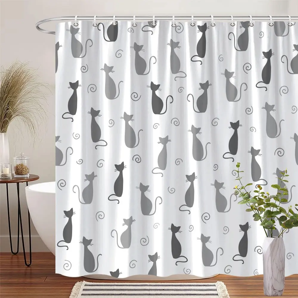 

Цельная монохромная занавеска для душа с силуэтом кота и рисунком серого кота на белом фоне, полиэфирное плетение, можно стирать в машине.