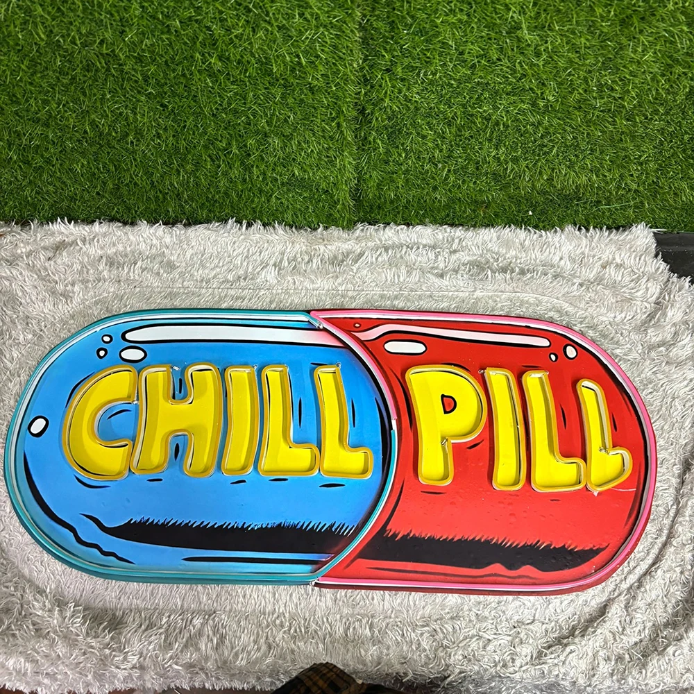 Chill Pill LED Neon Acrylique Artwork, Salon, Chambre à coucher, Décoration murale, Enseignes au néon, Bureau, Maison, Extérieur, Face btNeon Light