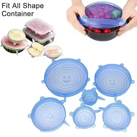 6pcs Reusable Silicone Fresh-Keeping Cover Stretch Lids for Food Bowls Multifunctional Fruit Vegetable Smiley Face Sealing Cover