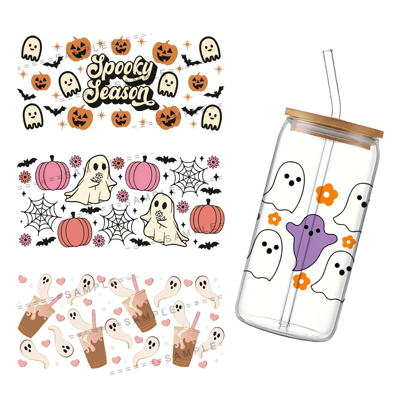 

Halloween Theme Spectre Pattern For Libbey 16oz Can Glass 3D Waterproof UV DTF Coffee Can Wrap Libbey Glass Wrap