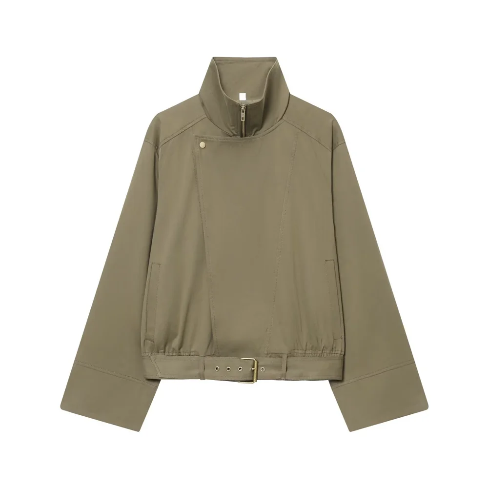 

Осенняя новая женская модная повседневная универсальная куртка с украшением на поясе, короткая версия, ветровка с высоким воротником