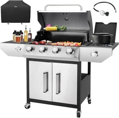 4-Burner Propane Gas BBQ Grill with Side Burner, 53,000 BTU Output with Enameled Cast Iron Grates for Patio Garden