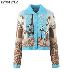 KEYANKETIAN Autumn New Women's Landscape Jacquard Embroidery Knitted Cardigan Turn Down Collar Single Breasted Short Sweater Top