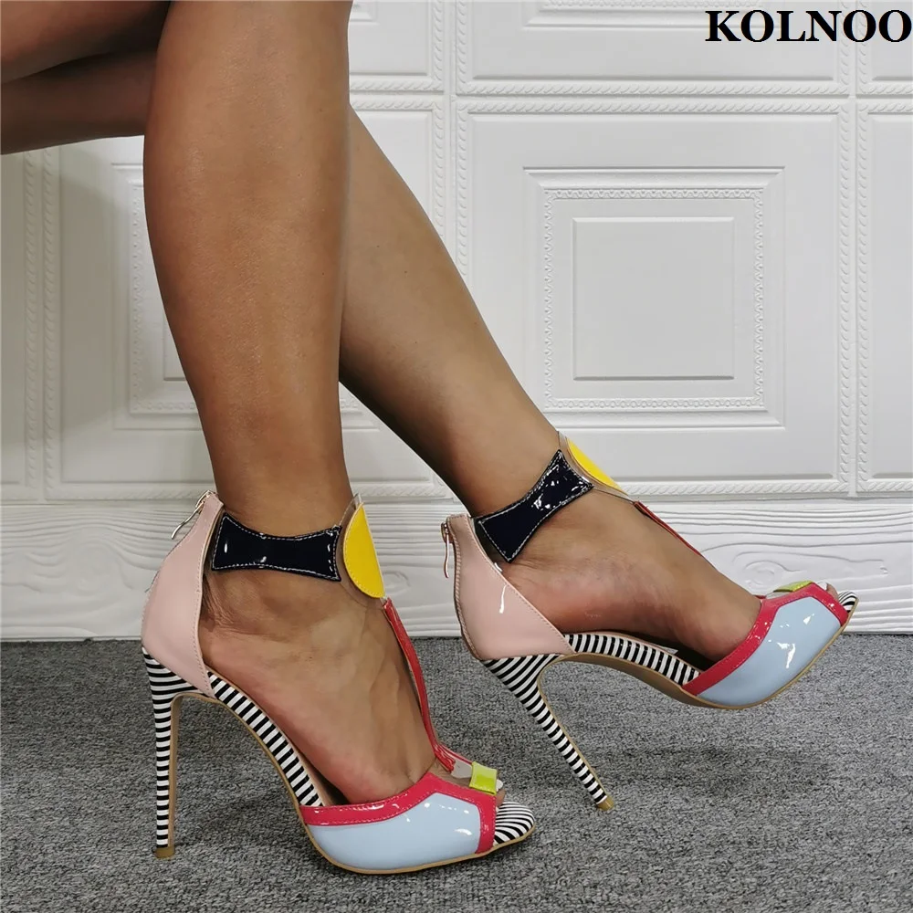 

Kolnoo New Real Photos Handmade Women's Stiletto Heels Sandals Multicolored T-strap Peep-toe Evening Party Fashion Daily Shoes