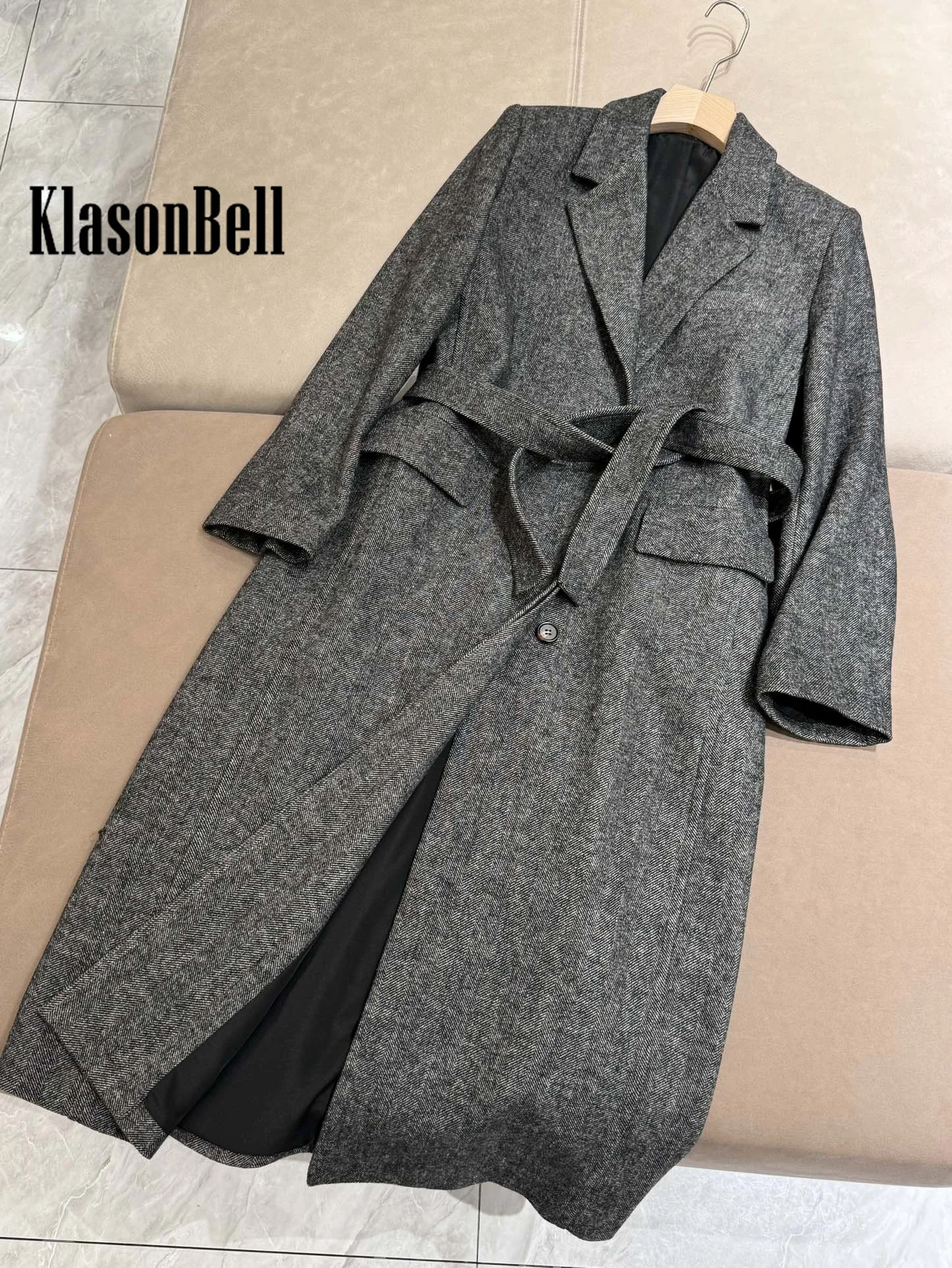 9.24 KlasonBell Women\'s Autumn Winter New Bead Chain Herringbone Wool Long Coat Hidden Breasted With Belt Back Split Outerwear