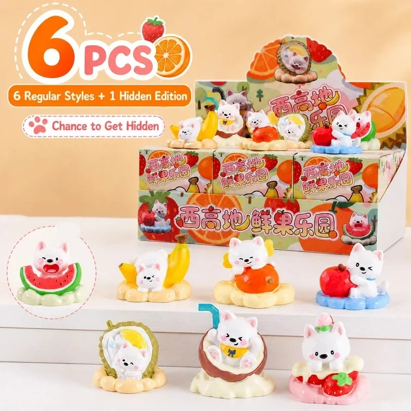 6pcs West Highland Dog Fruit Paradise Blind Box Trendy Cartoon Puppy Desktop Ornament Office Table Decoration Birthday Gift