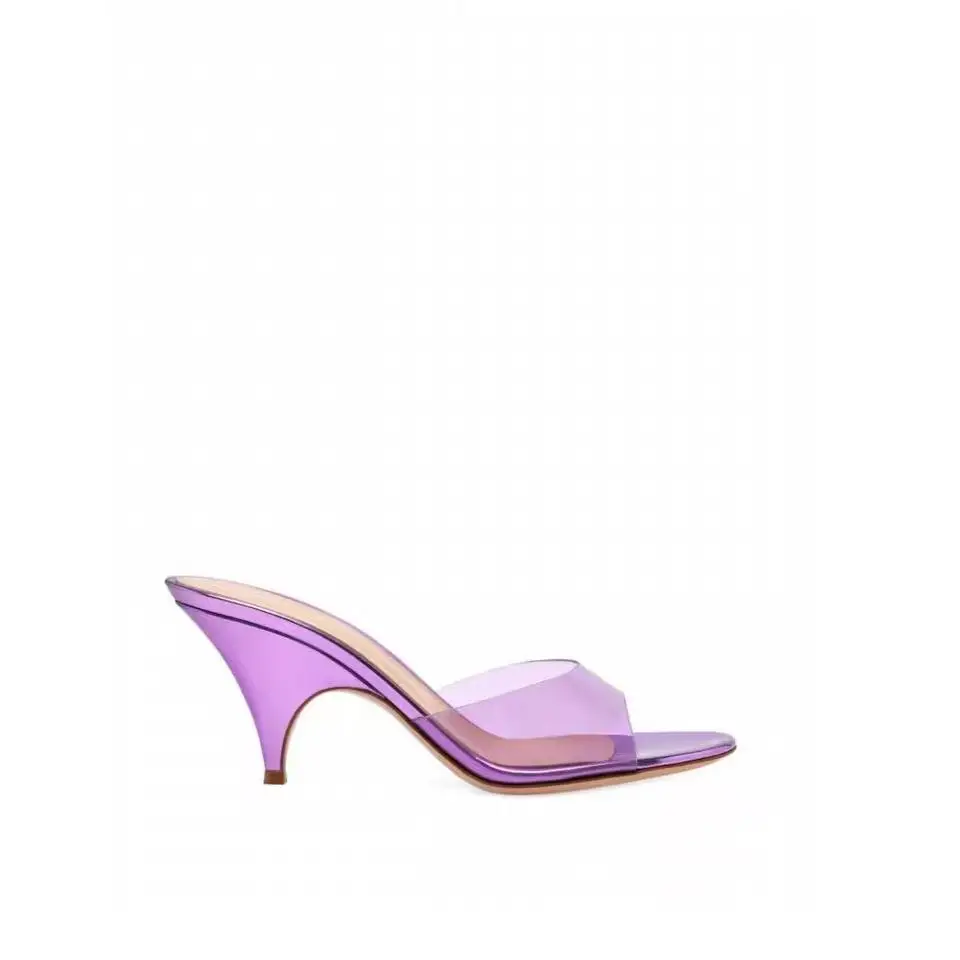 Summer New Women's Purple PVC Transparent Kitten Heel Mules Open Toe Slip On Sandals Elegant Summer Party Beach Slippers