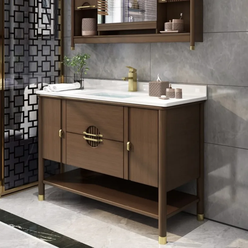 モダンな新しい中国風バスルーム用オーク材製浴室キャビネット、無垢材製洗面台付き