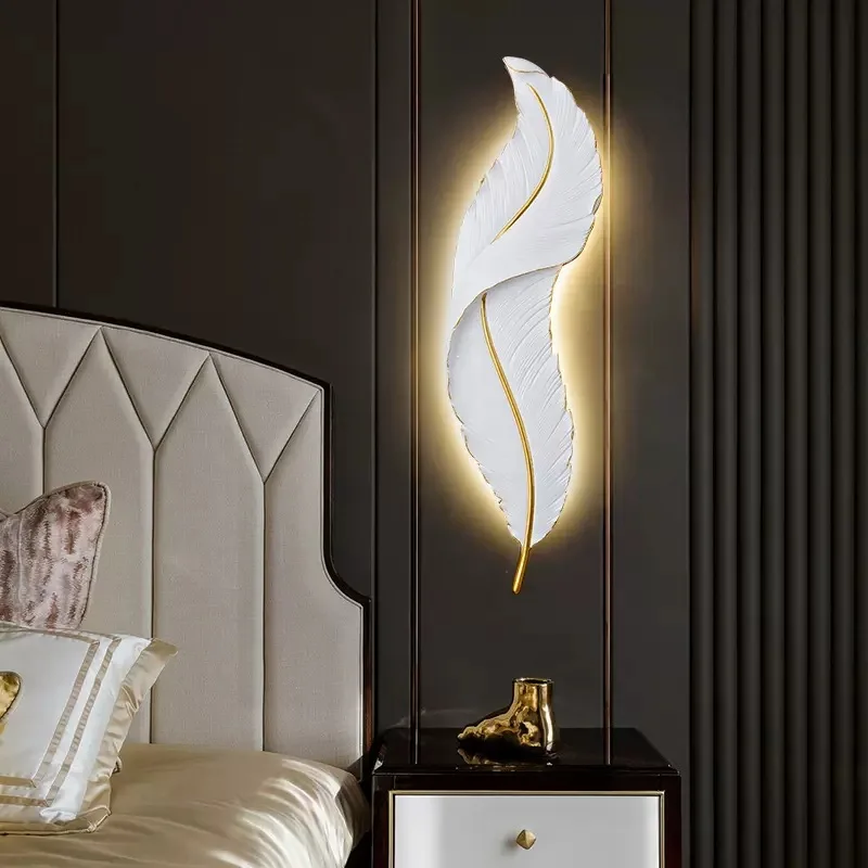 Modern LED Dimmable Wall Lights Feather Design Luxury Resin Bedside Lamp Home Decoration Tv Background Ambient Sconces Lighting