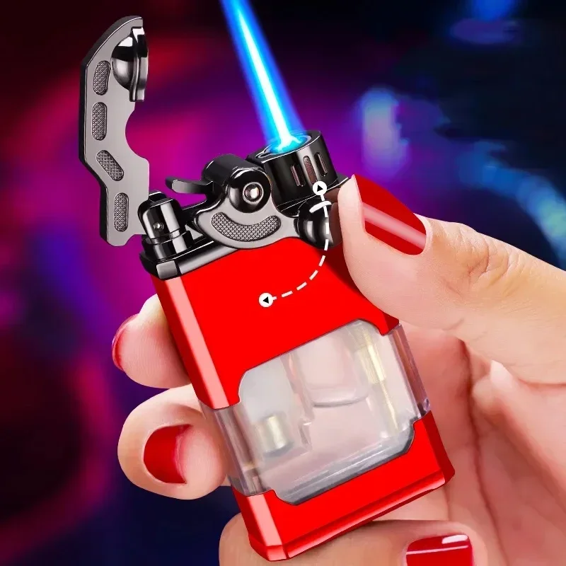 Metal Rocker Arm Luminous Butane Gas Torch Lighter Transparent Gas Window Windproof Jet Blue Flame Cigar Lighters Smoking Gadget view 2
