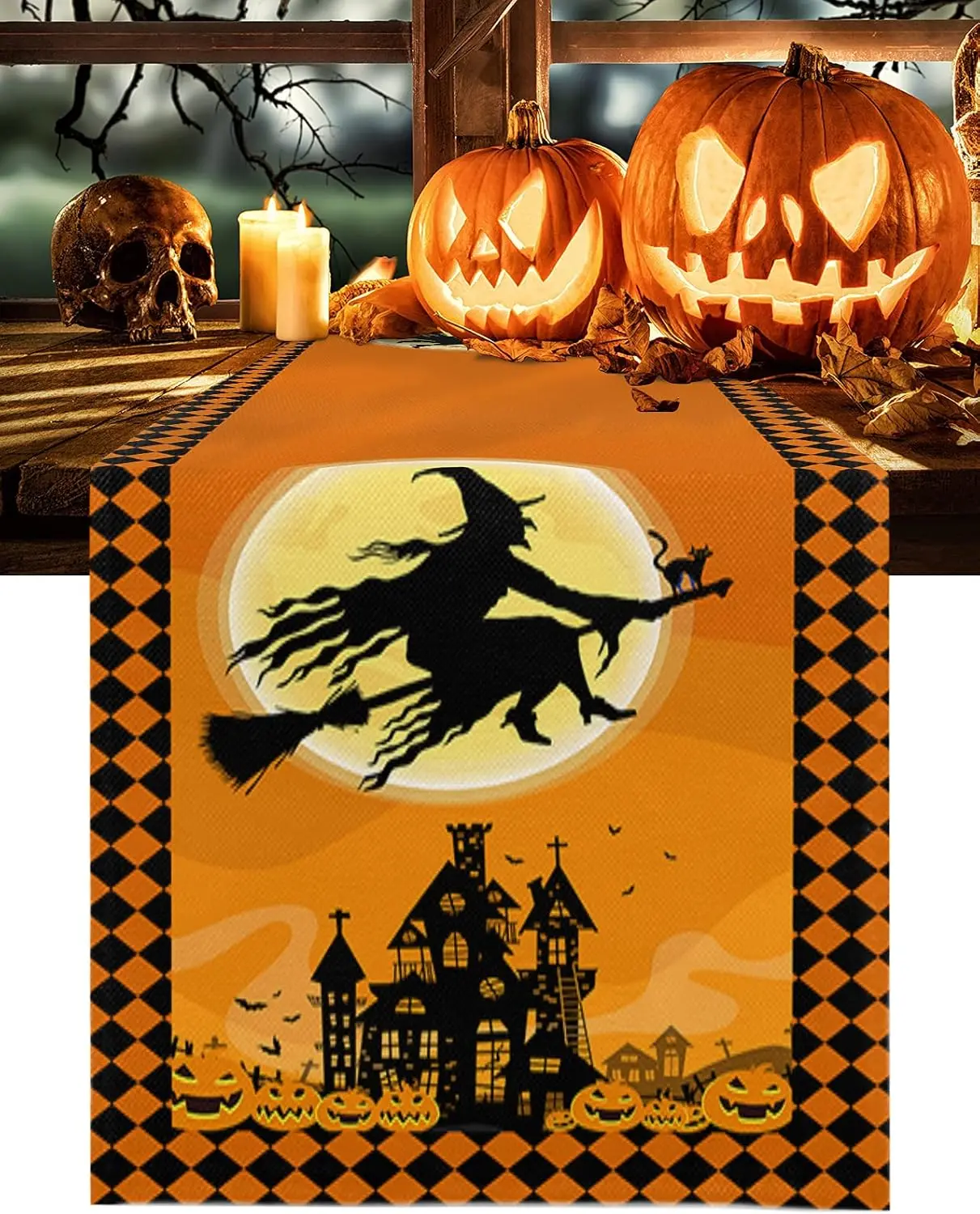 Halloween Castle Witch and Moon Plaid Orange Linen Linen Table Runners Holiday Party Decorations Durable Dining Table Runners