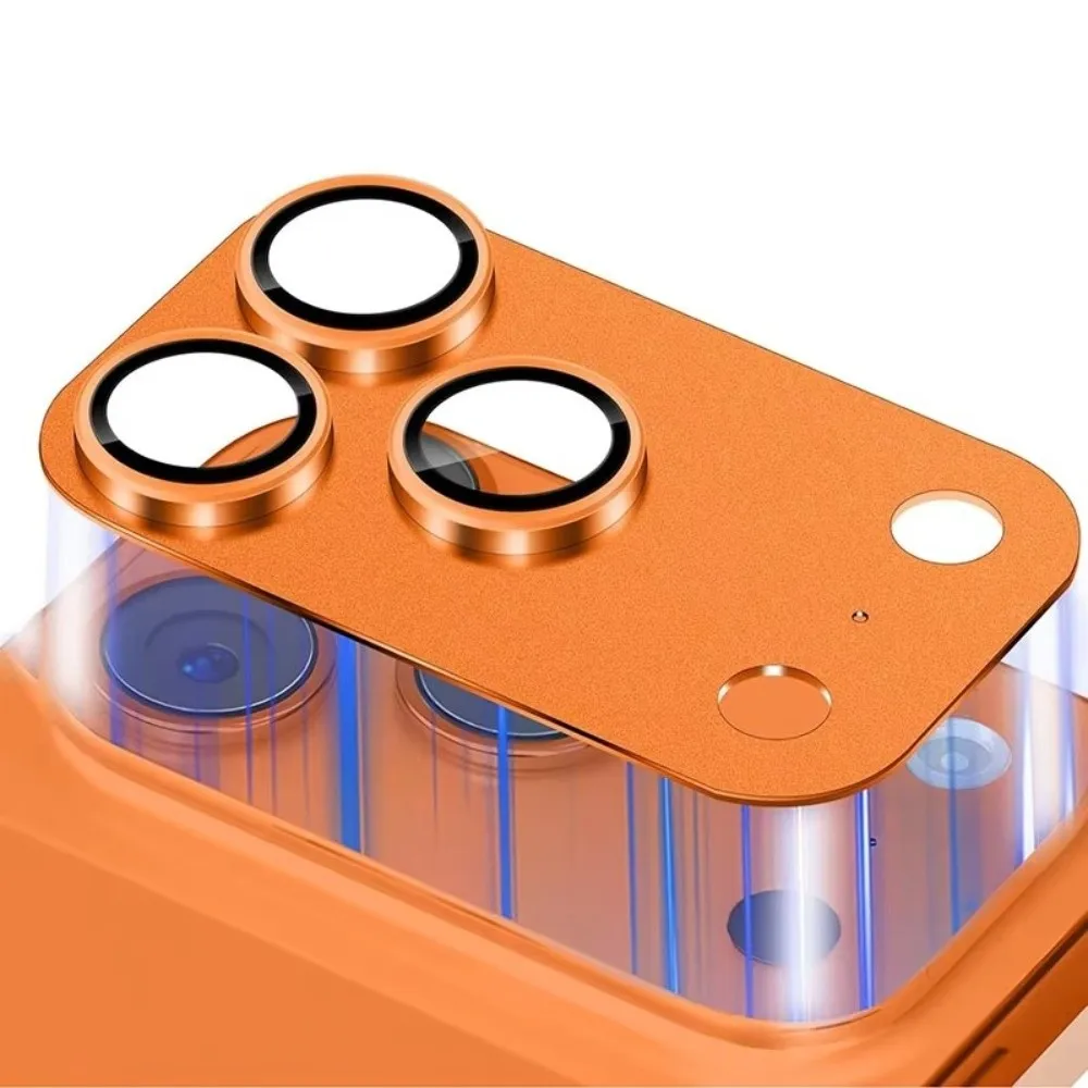 Protection d'objectif en verre trempé métallique orange, couverture complète pour objectif d'appareil photo, anti-rayures HD pour iPhone 17Pro/17 Pro Max