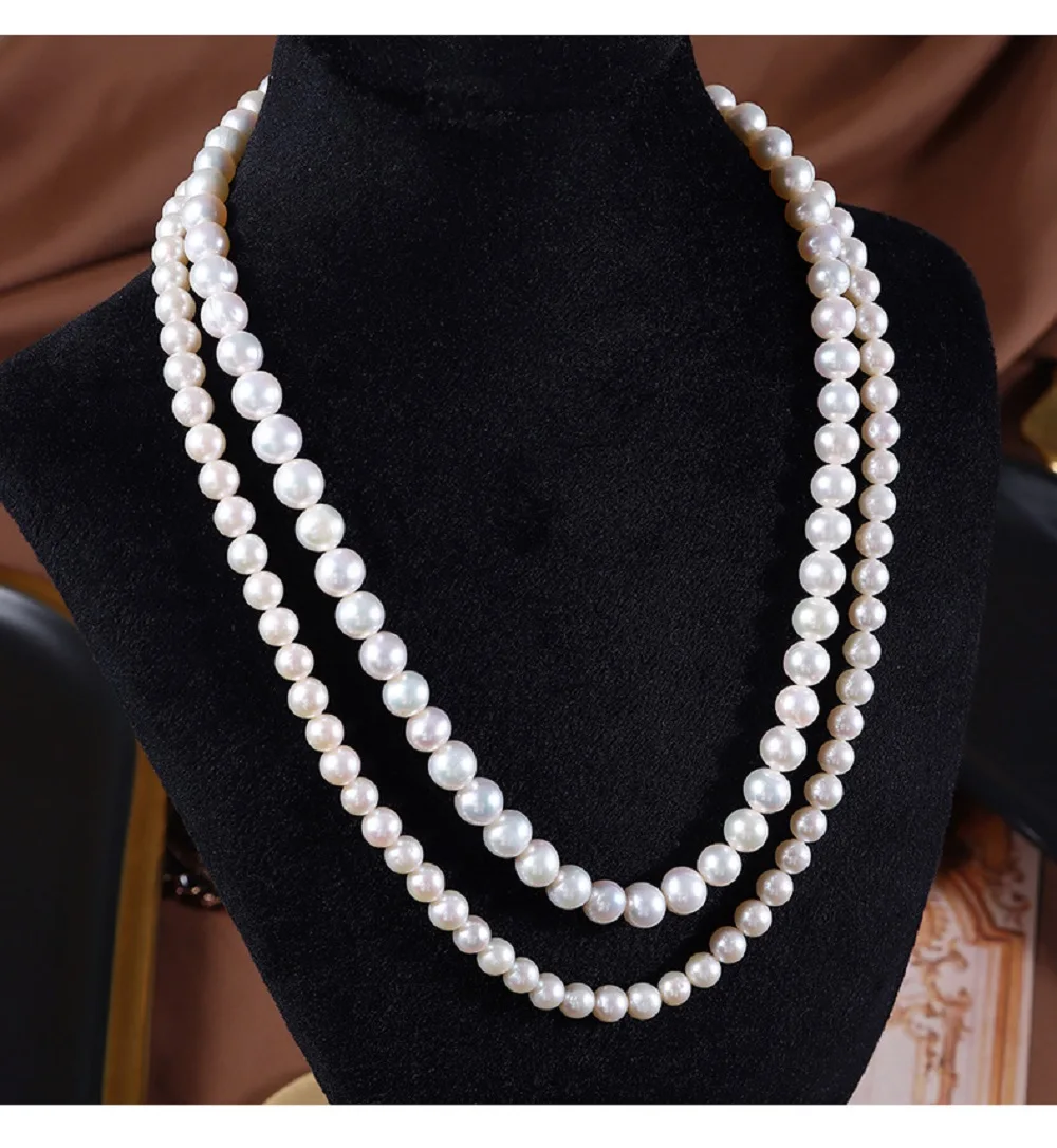 2 rows Natural Pearl Necklace AAA5-6mm+8-9mm Japanese Round Pearl Necklace 925s