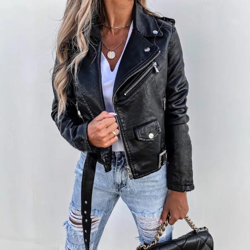 

2025 Autumn Winter New Leather Jacket Women Lapels Long Sleeves Short Zipper Coat Black Burgundy Locomotive Style Women's Coats