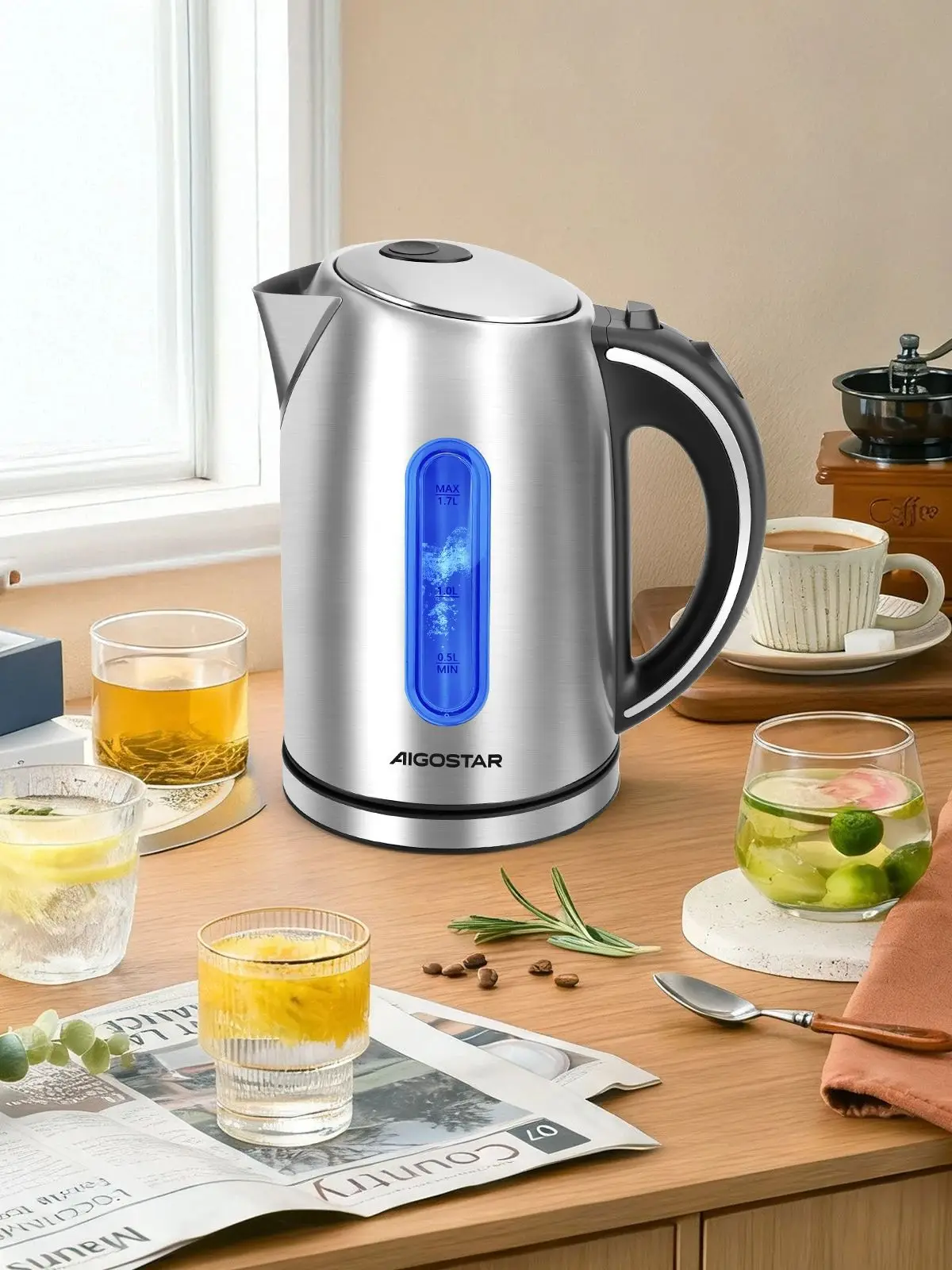 Aigostar Wasserkocher Edelstahl 1,7 liter, Elektrischer Wasserkocher mit Kalkfilter, LED Beleuchtung Wasserstandsanzeige, 2200 Watt, Verdecktes Heizelement, Abschaltautomatik, BPA frei