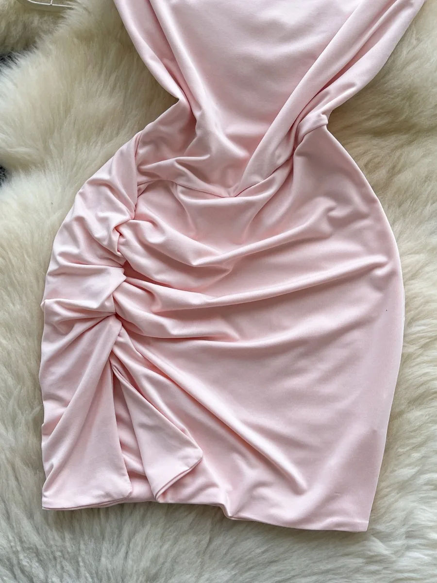 Foamlina verão plissado fino ajuste amarrar fenda design bodycon menina quente mini vestido puro desejo estilo doce fora do ombro mini saia