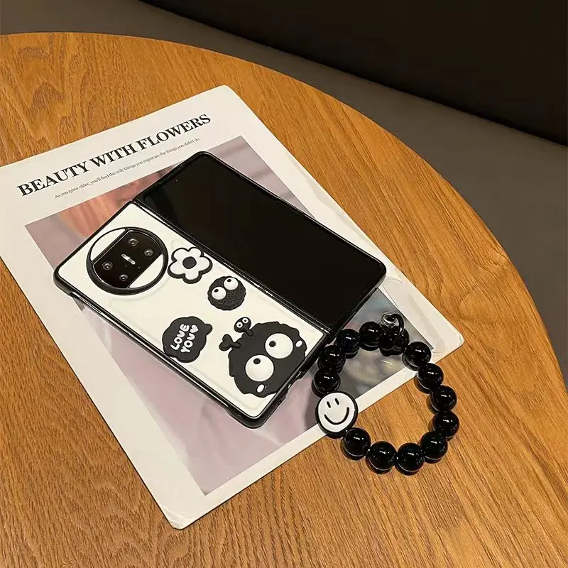 Korean Kawaii Flower Coal Ball Beads Bracelet Chain Phone Case For Huawei Mate X5 Mate X3 Mate X2 Leather Cover Funda