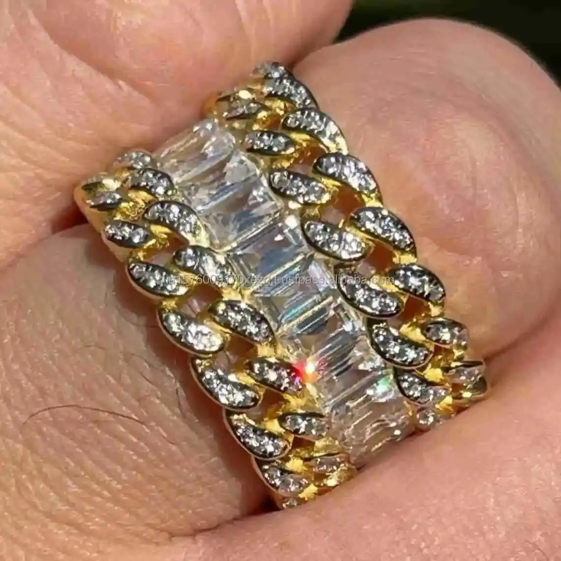 Premium Moissanite Diamond Mens Ring Cuban Link Style Gold Plated Emerald Stone Luxury Streetwear Jewelry