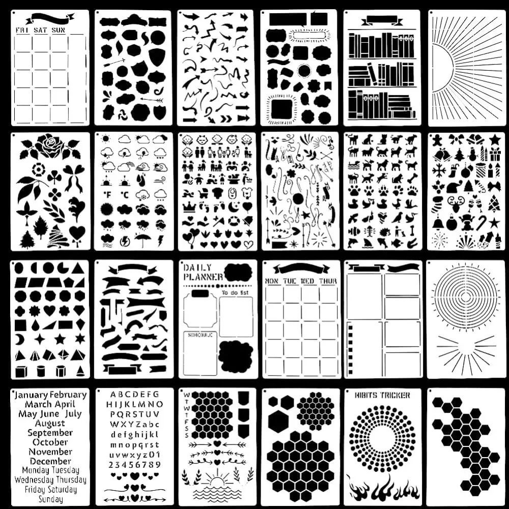 

24 Sheets Journal Stencils Kit Plastic Clear White Drawing Painting Create Calendars Schedule Productivity Templatesfor Journal