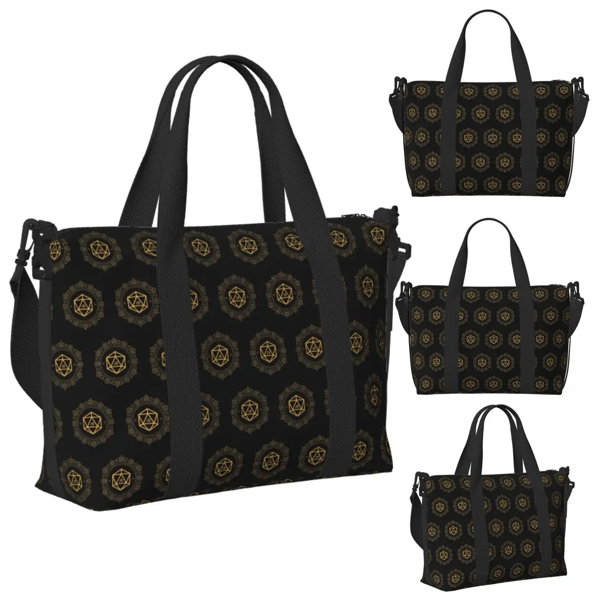 

Polyhedral D20 Dice Monogram Bronze Tabletop RPG Beach Travel Bag Tote Bags for Gym Yoga Women Shopping Duffle Shoulder Bag