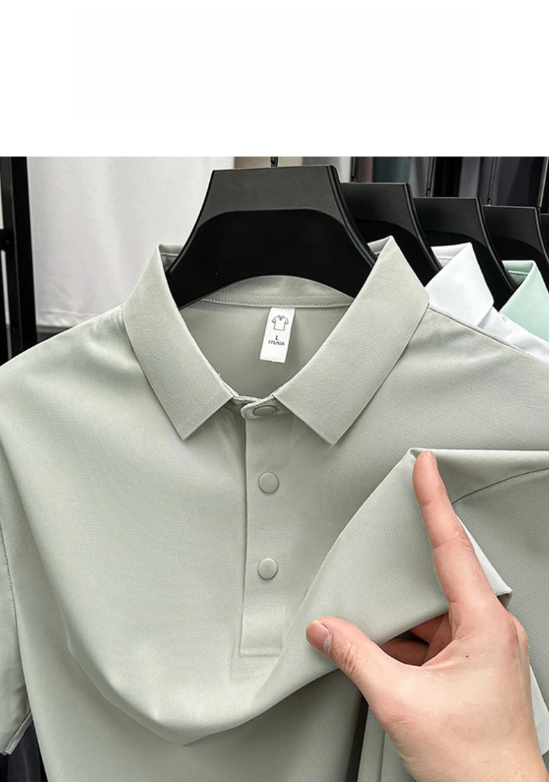 Herren Premium Eisseide Poloshirt Knitterfrei Einfarbig Casual Business Büro Kurzarm Sommer Pendler Outdoor Outfit – Detail 9