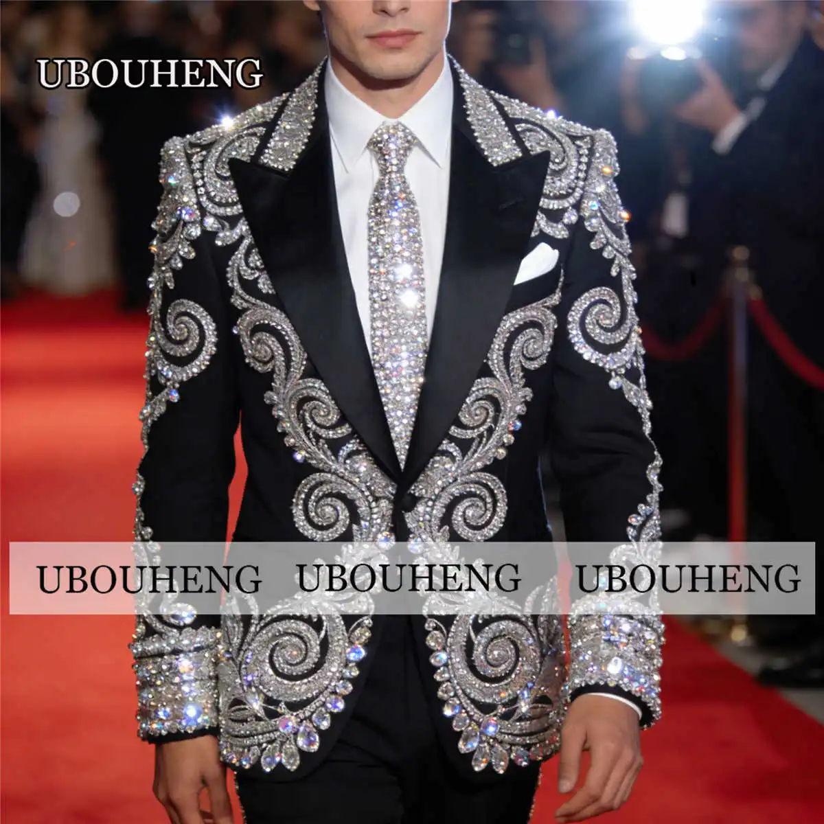 Twinkling Rhinestones Beading Groom Wedding Suits Slim Fit Single Breasted Prom Blazers Customized Man Banquet Attire Tuxedos