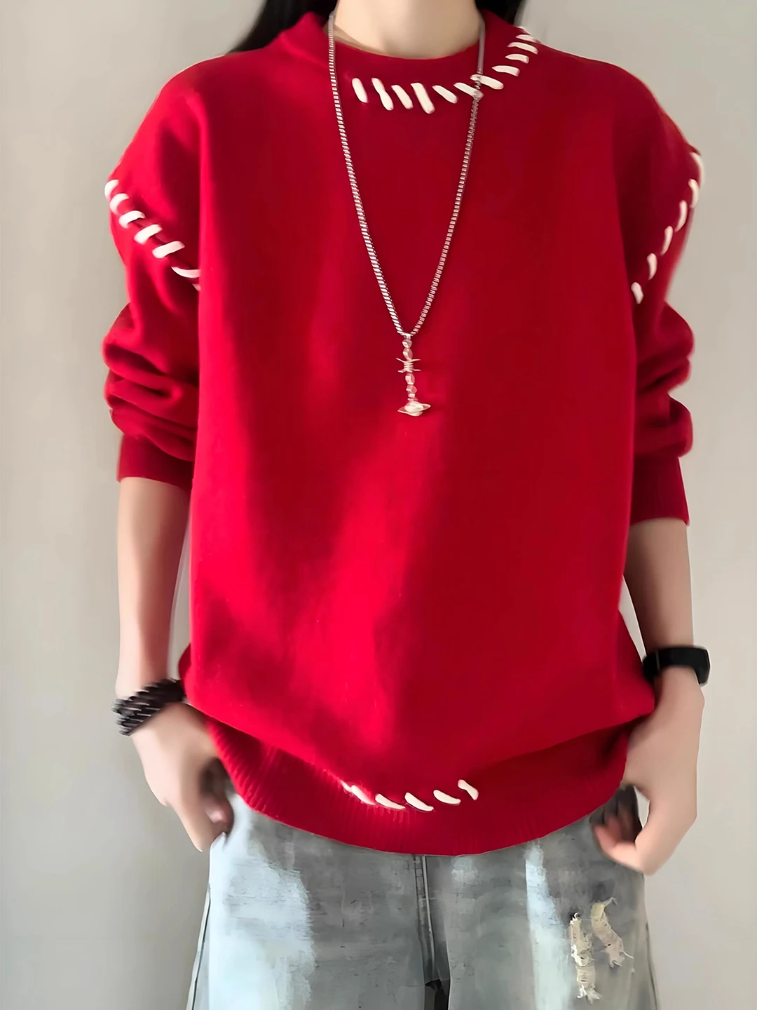 

Красный вязаный свитер мужской зимний с круглым вырезом, с внутренней строчкой, базовый слой, повседневный, из утолщенной ткани, гарантия тепла