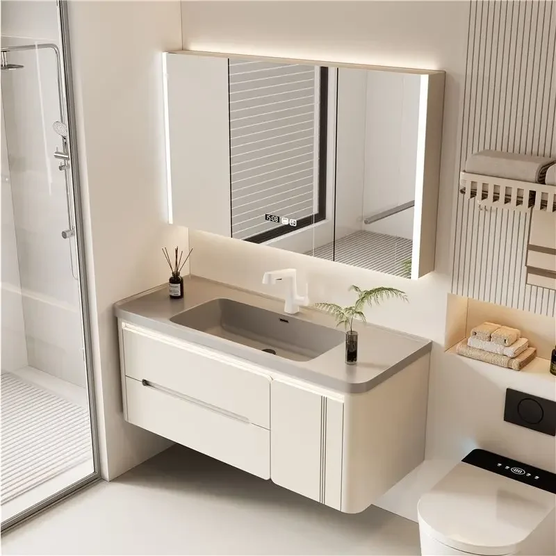 Light luxury oak paint door panel intelligent combination bathroom cabinet bathroom ceramic integrated basin hand wash face