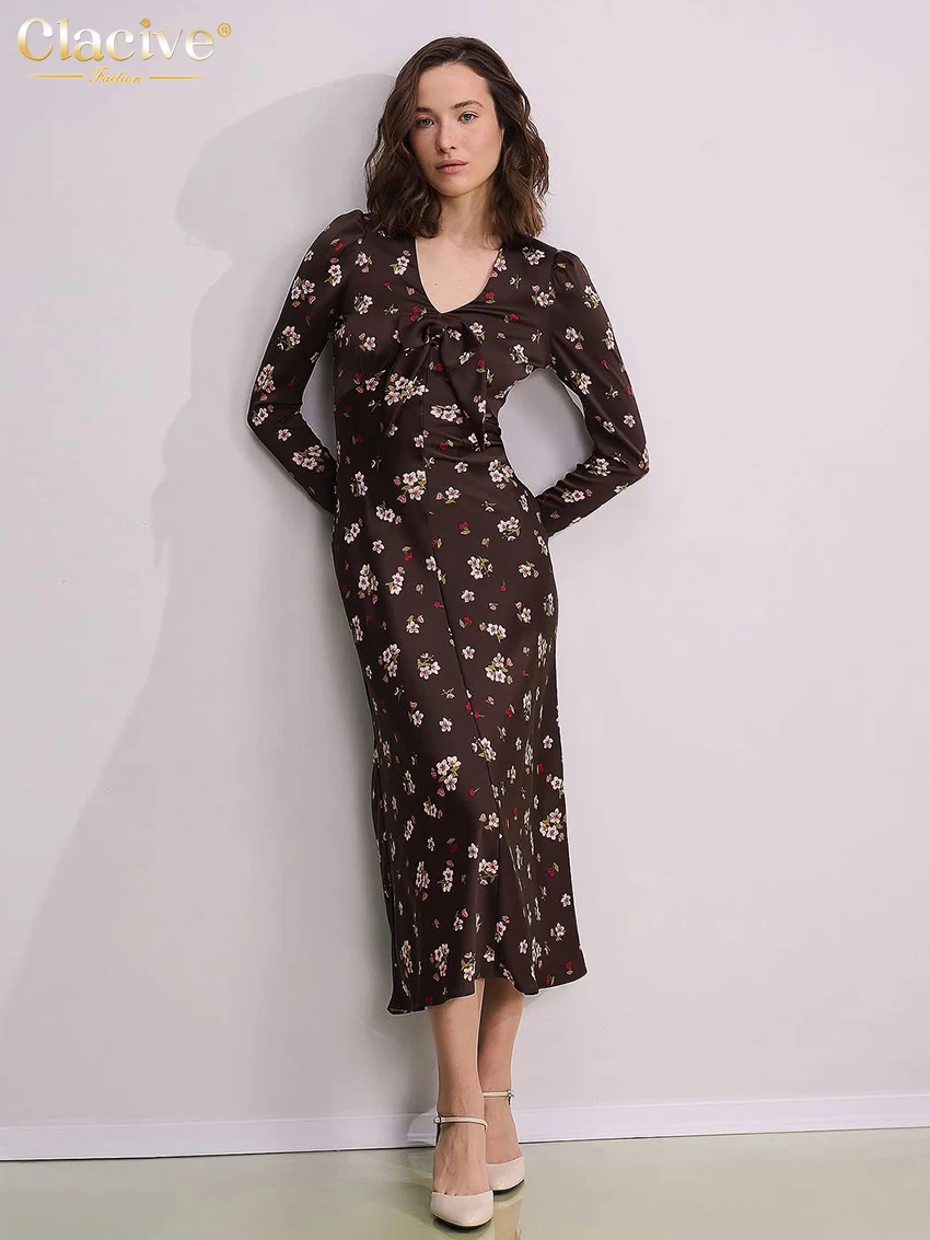 

Clacive Fashion Loose Print Women Dress Autumn V-Neck Long Sleeve Ankle-Length Dresses Elegant Classic High Waist Female Dress