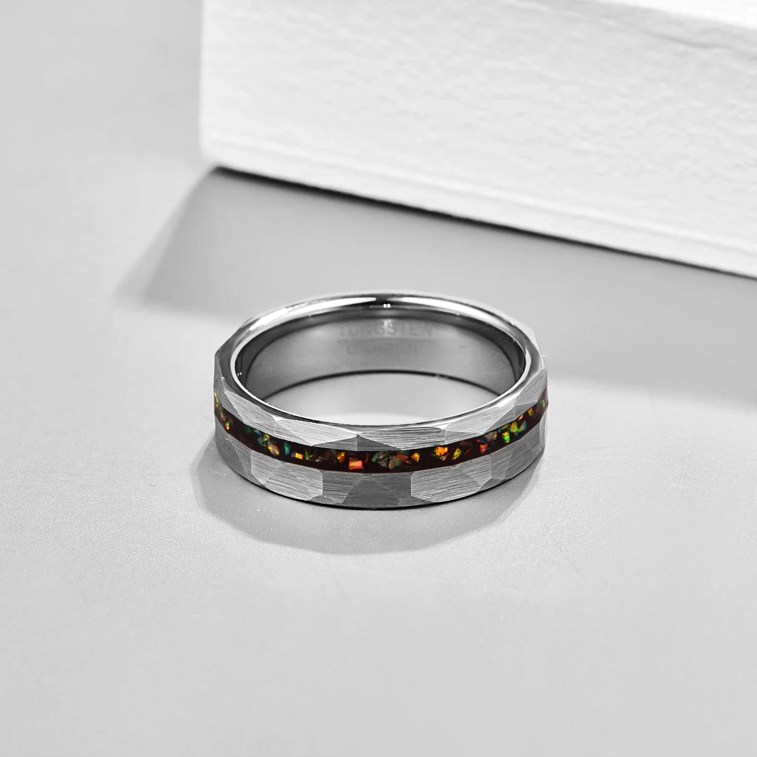 NUNCAD 6mm Tungsten Carbide Ring Regular Hammered Sand Inlaid with Opal Steel Ring Men's and Women's Engagement Jewelry