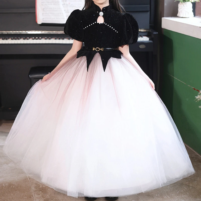 Customized High End Temperament Stand Collar Puff Sleeve Princess Dress Luxury Shinny Beading Design Flower Girl Gown Spliced Lo