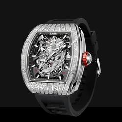 I&W Men Automatic Watch 47mm Tonneau Luxury Mechanical Wristwatch Luminous 50m Waterproof Zircon Bezel Dragon Dial