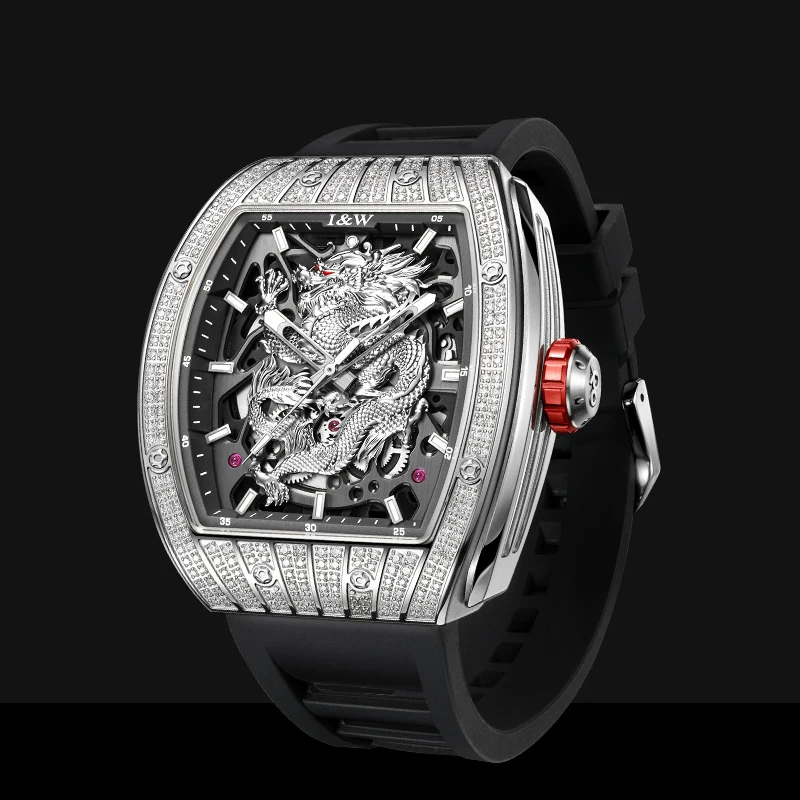 I&W Men Automatic Watch 47mm Tonneau Luxury Mechanical Wristwatch Luminous 50m Waterproof Zircon Bezel Dragon Dial