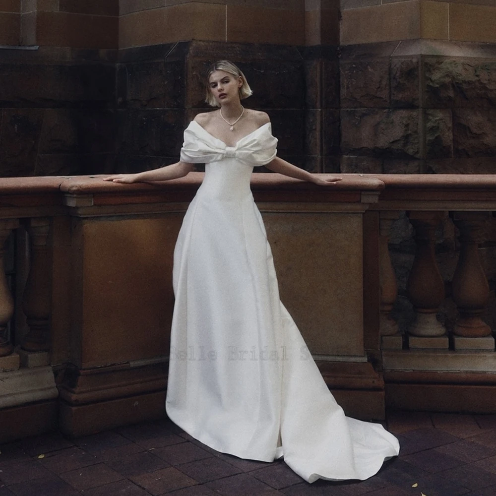 Vestido De Novia plisado con hombros descubiertos, traje elegante De satén con cuello Barco, longitud hasta el suelo, 2024