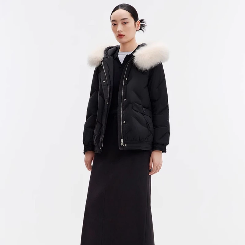 Chericom Damen-Daunenjacke mit Kapuze, weißes Fuchspelz, neue mehrere Taschen, Reißverschluss-Design, weiblich, warme Polsterung, Puffermantel, Y289205B