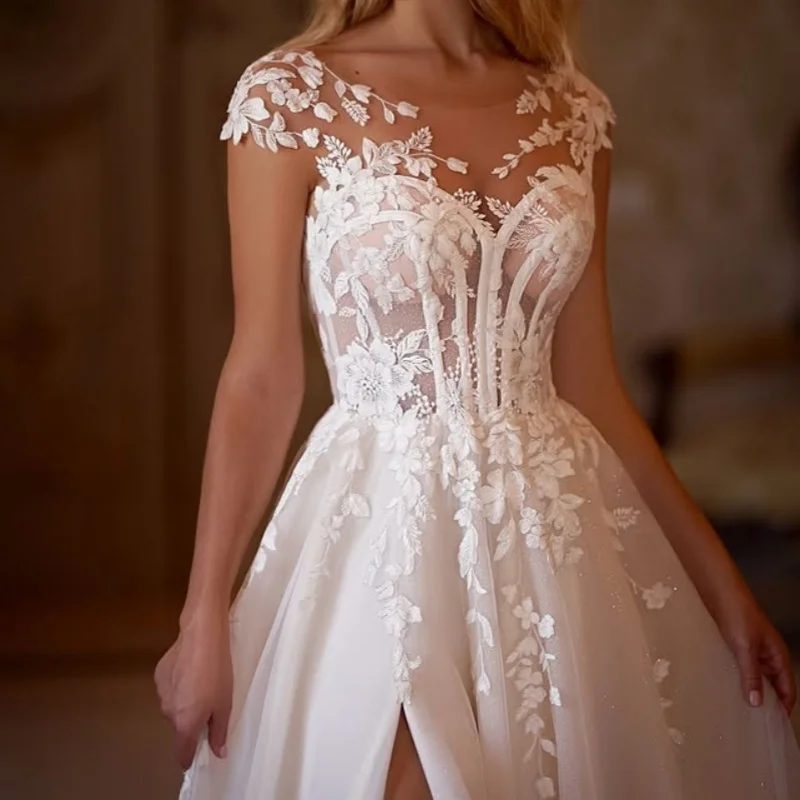 

Tull simple ivory white flower Appliques Wedding Dresses of A-line off-shoulder Bridal Gowns Made Customized
