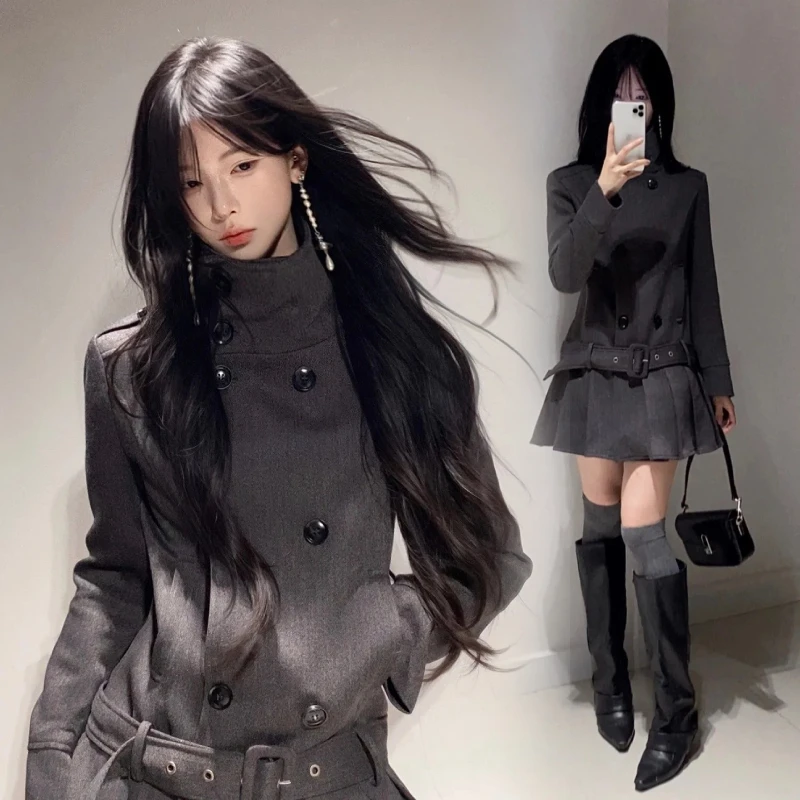 Vintage Gothic Mantel für Damen, Stehkragen, Asymmetrische Knöpfe, Gürtel an der Taille, Plissierter Rocksaum, Oberbekleidung, Y2K Harajuku Streetwear Winter