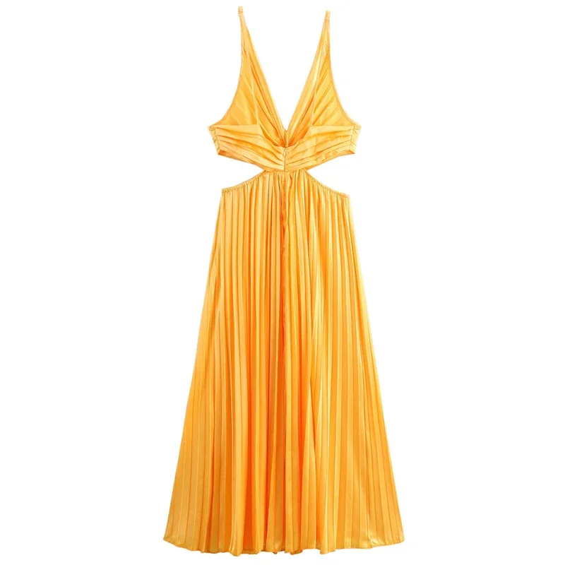 TRAF Women's Cut-Out Sleeveless Slip Dress Summer 2024 Midi Pleated Dress Orange Backless Maxi Dress Fashion High Street Dresses