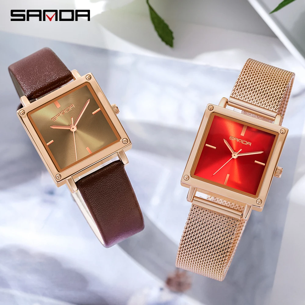 SANDA 1068 Women Square Sport Watches Fashion Leather Strap Analog Quartz Wristwatch Big Dial Vintage Elegant Ladies Reloj Muje